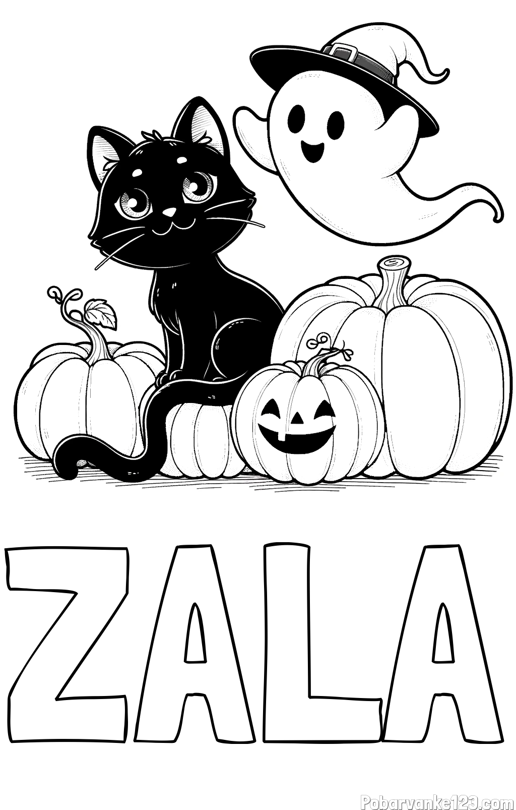 Pobarvanka imena ZALA in pobarvanka prijaznega duhca, črne mačke ter buč za noč čarovnic