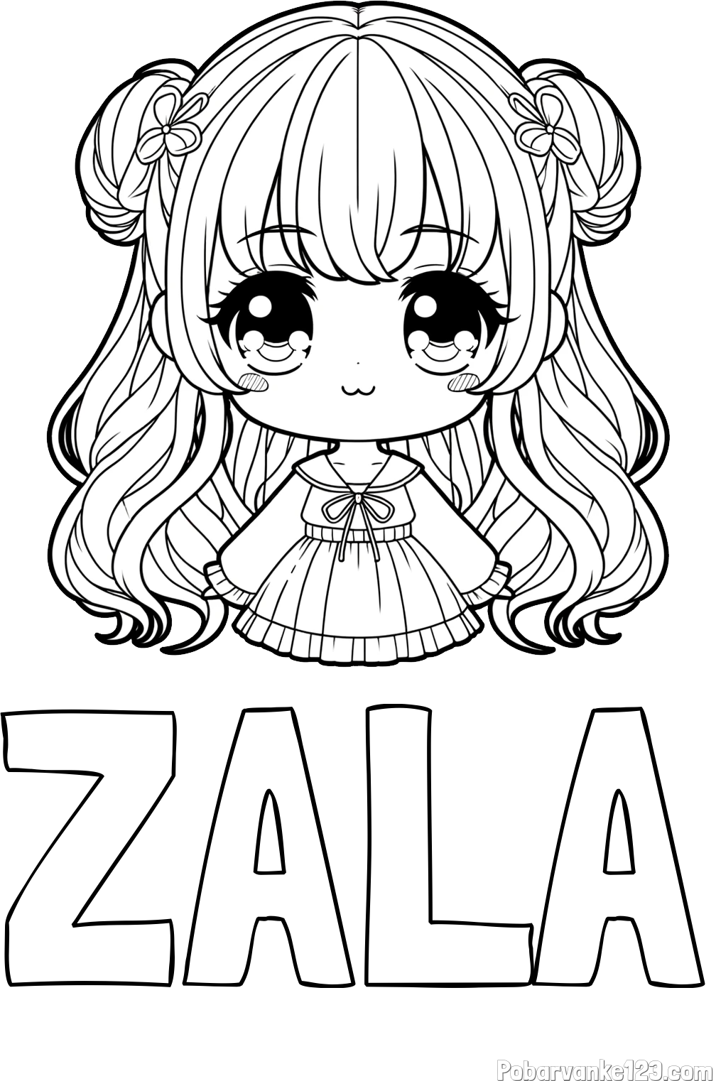 Pobarvanka imena ZALA in pobarvanka prikupne punčke v anime slogu