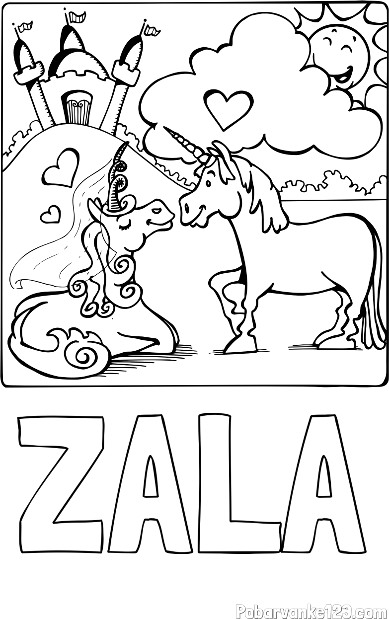 Pobarvanka imena ZALA in pobarvanka zaljubljenih samorogov