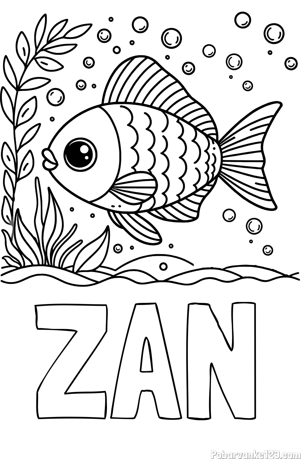 Pobarvanka imena ŽAN in otroška pobarvanka ljubke ribe