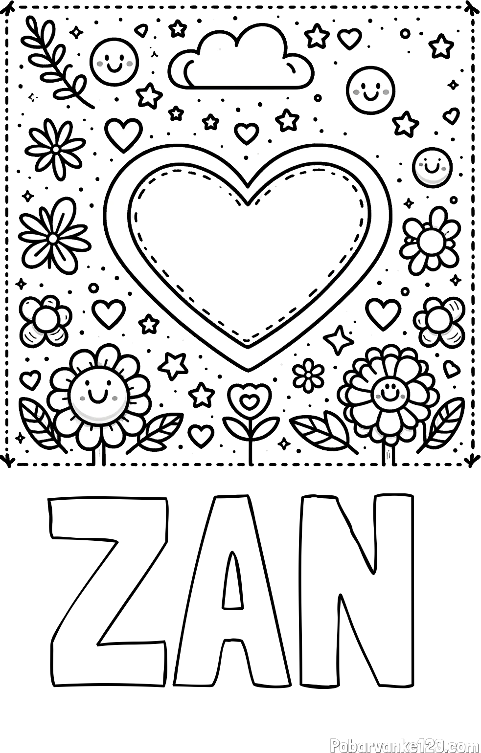 Pobarvanka imena ŽAN in pobarvanka srčka ter rožic
