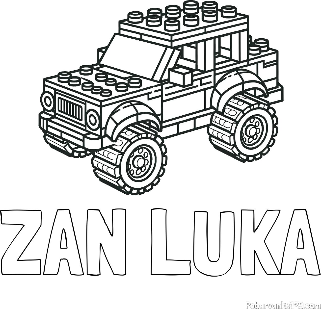 Pobarvanka imena ŽAN LUKA in pobarvanka džipa sestavljenega iz LEGO kock
