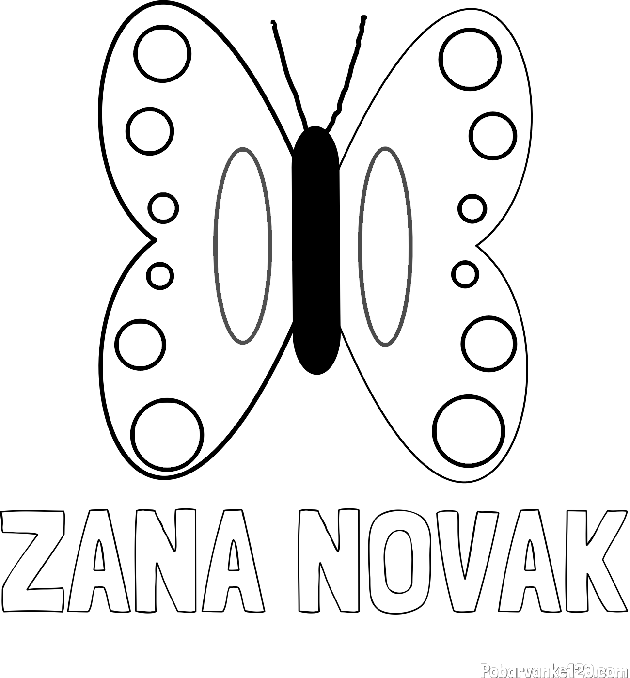 Pobarvanka imena ŽANA NOVAK in preprosta otroška pobarvanka metuljčka