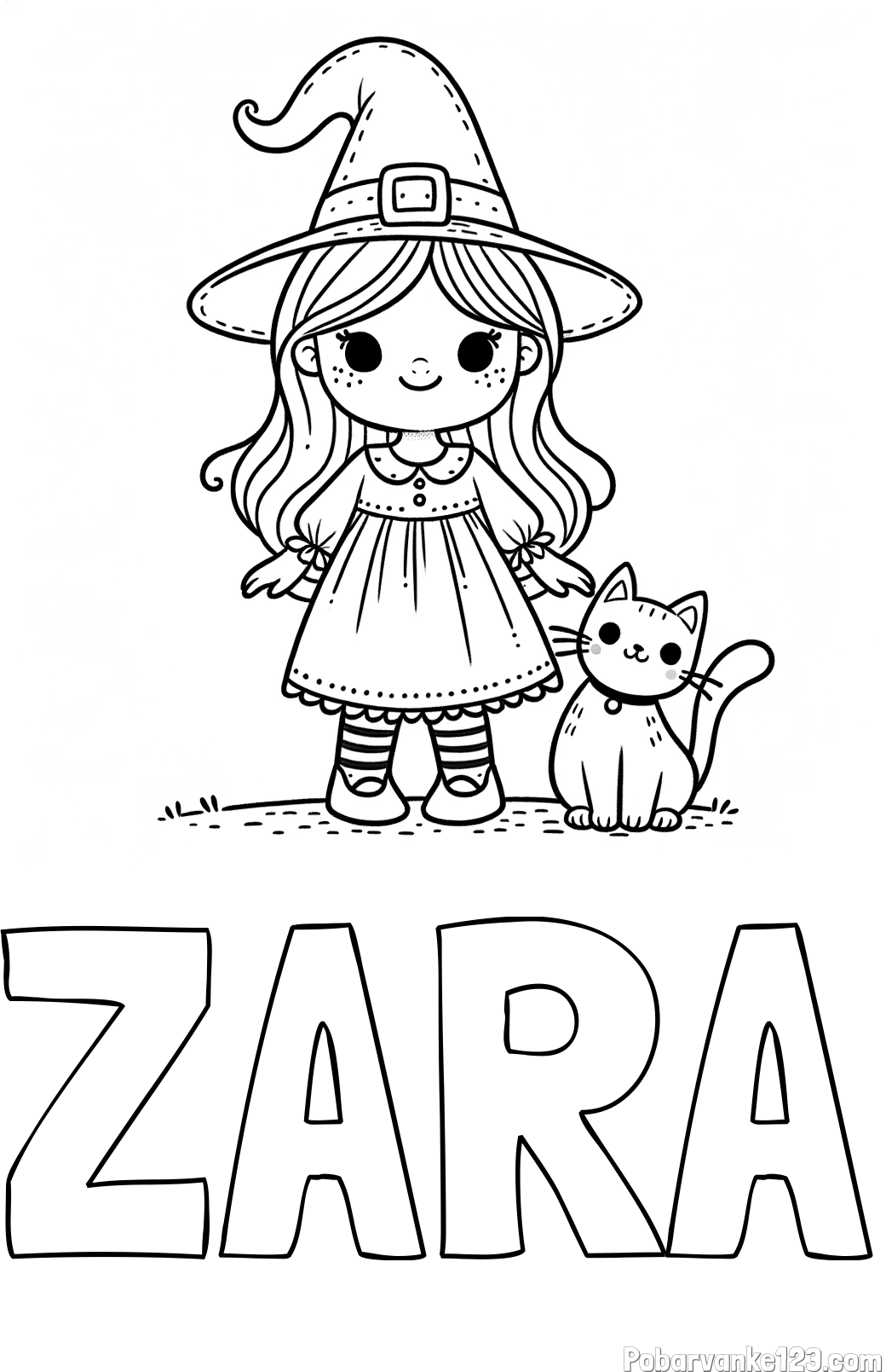 Pobarvanka imena ZARA in Čudovita pobarvanka ljubke čarovnice in nasmejane mačke