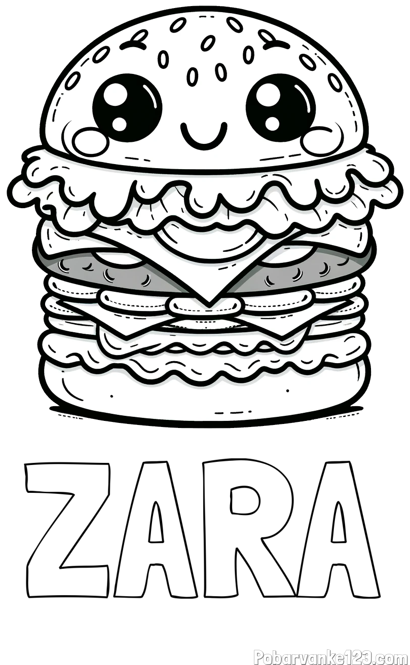 Pobarvanka imena ZARA in otroška pobarvanka nasmejanega hamburgerja
