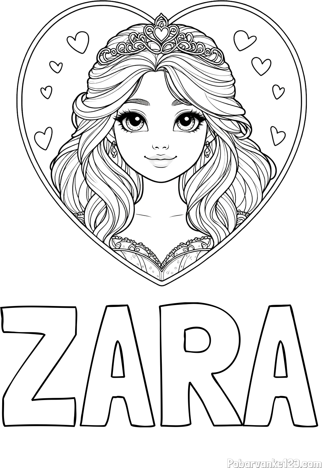 Pobarvanka imena ZARA in pobarvanka princeske ter srčkov