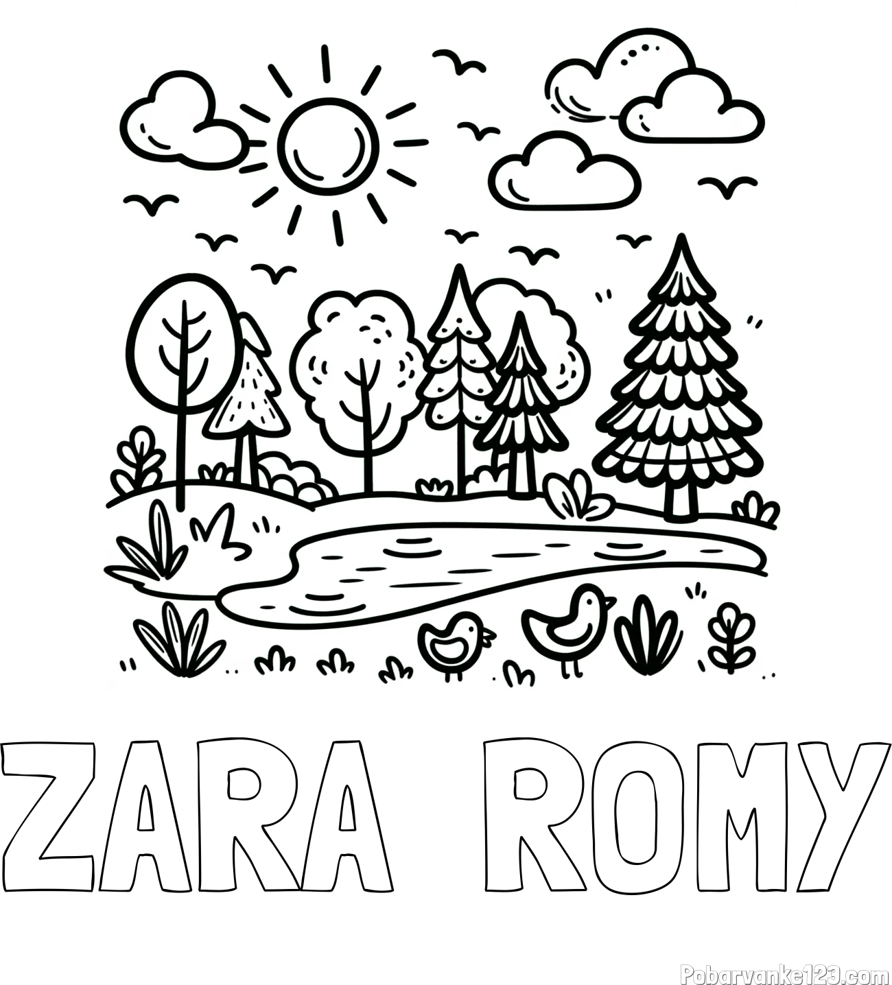 Pobarvanka imena ZARA - ROMY in preprosta otroška pobarvanka narave