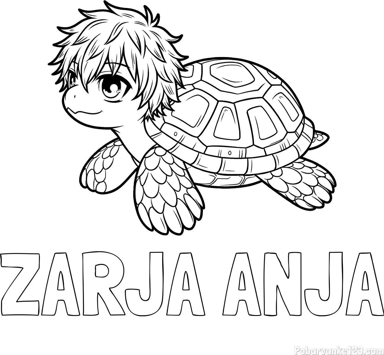 Pobarvanka imena ZARJA ANJA in pobarvanka želve v stilu anime