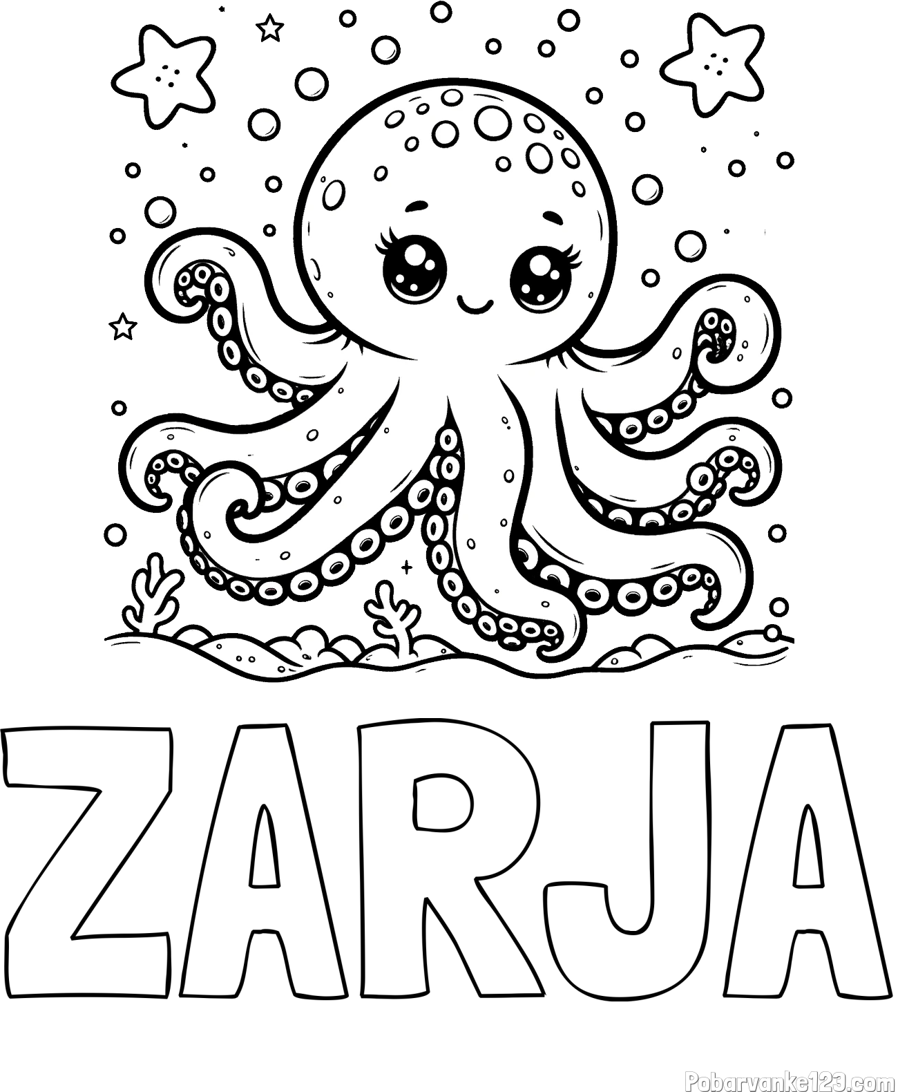 Pobarvanka imena ZARJA in pobarvanka hobotnice v morju obdane z morskimi zvezdami