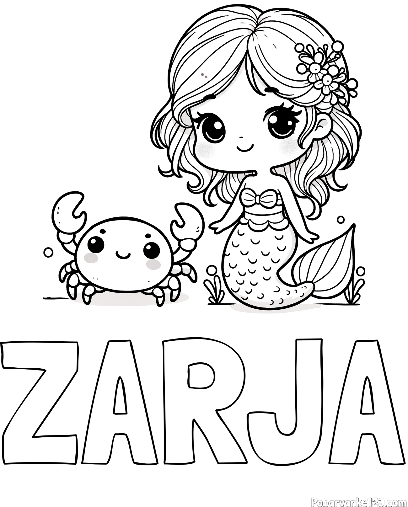 Pobarvanka imena ZARJA in pobarvanka ljubke morske deklice in veselega raka