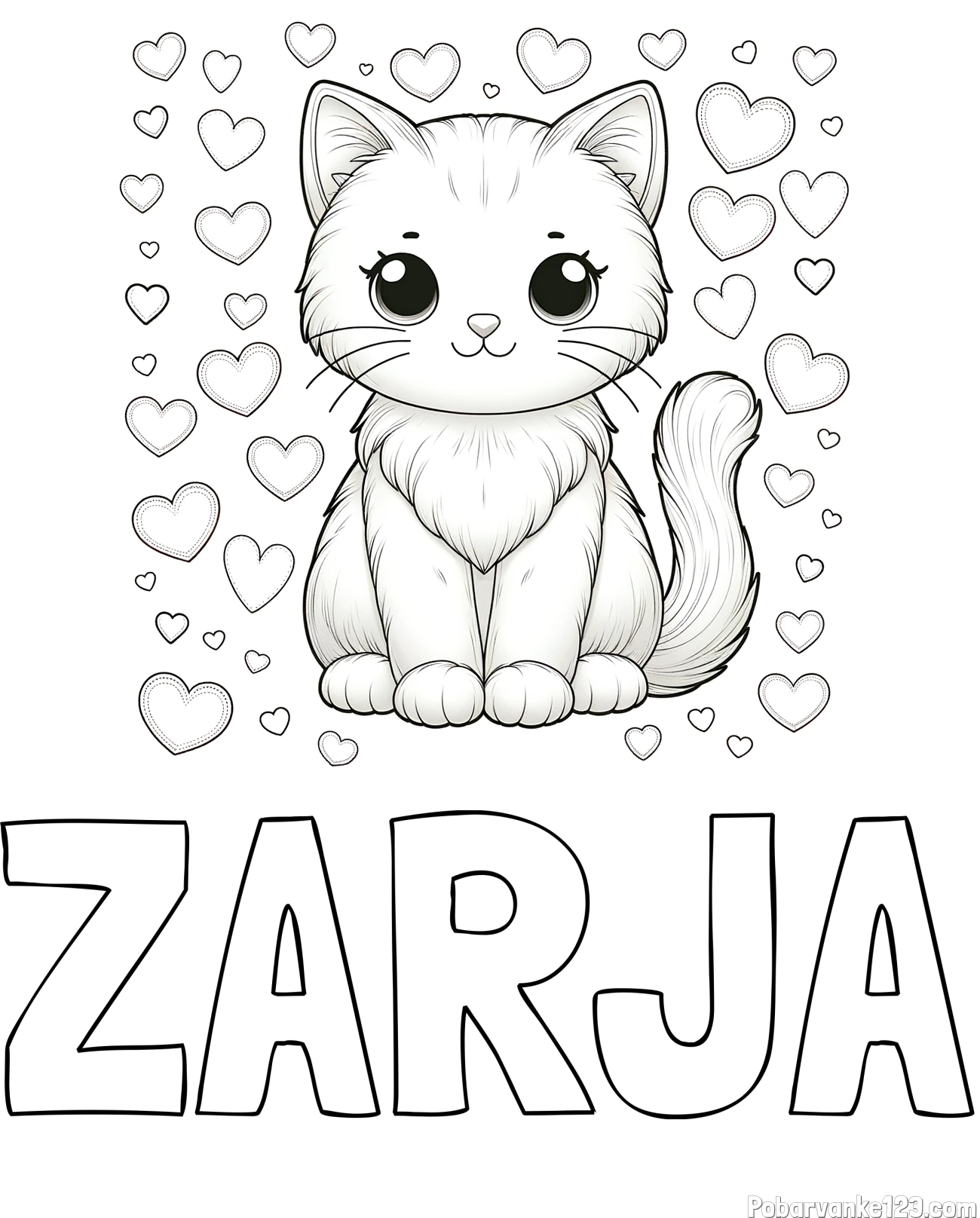 Pobarvanka imena ZARJA in pobarvanka ljubke mucke obdane s srčki