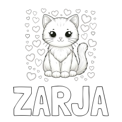 Pobarvanka imena ZARJA in pobarvanka ljubke mucke obdane s srčki