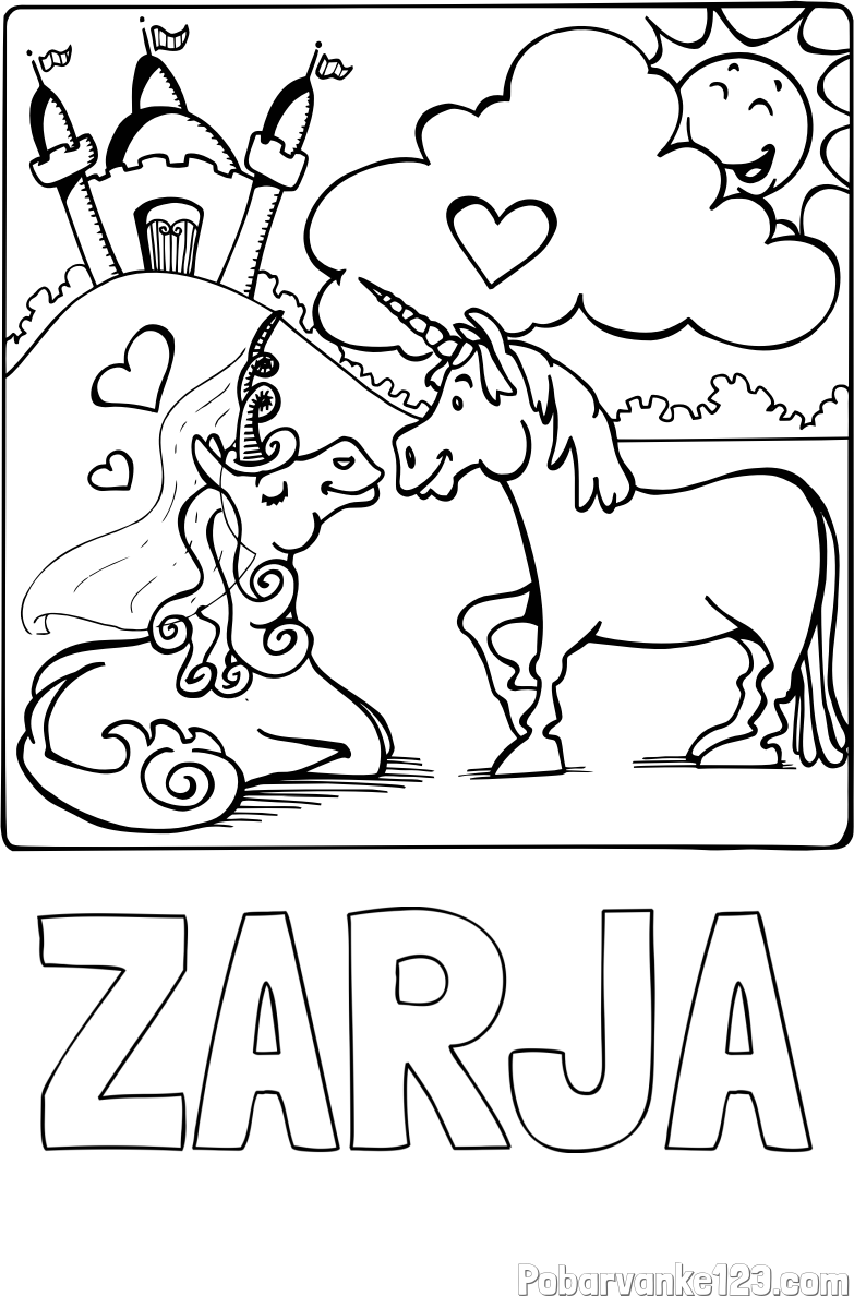 Pobarvanka imena ZARJA in pobarvanka zaljubljenih samorogov