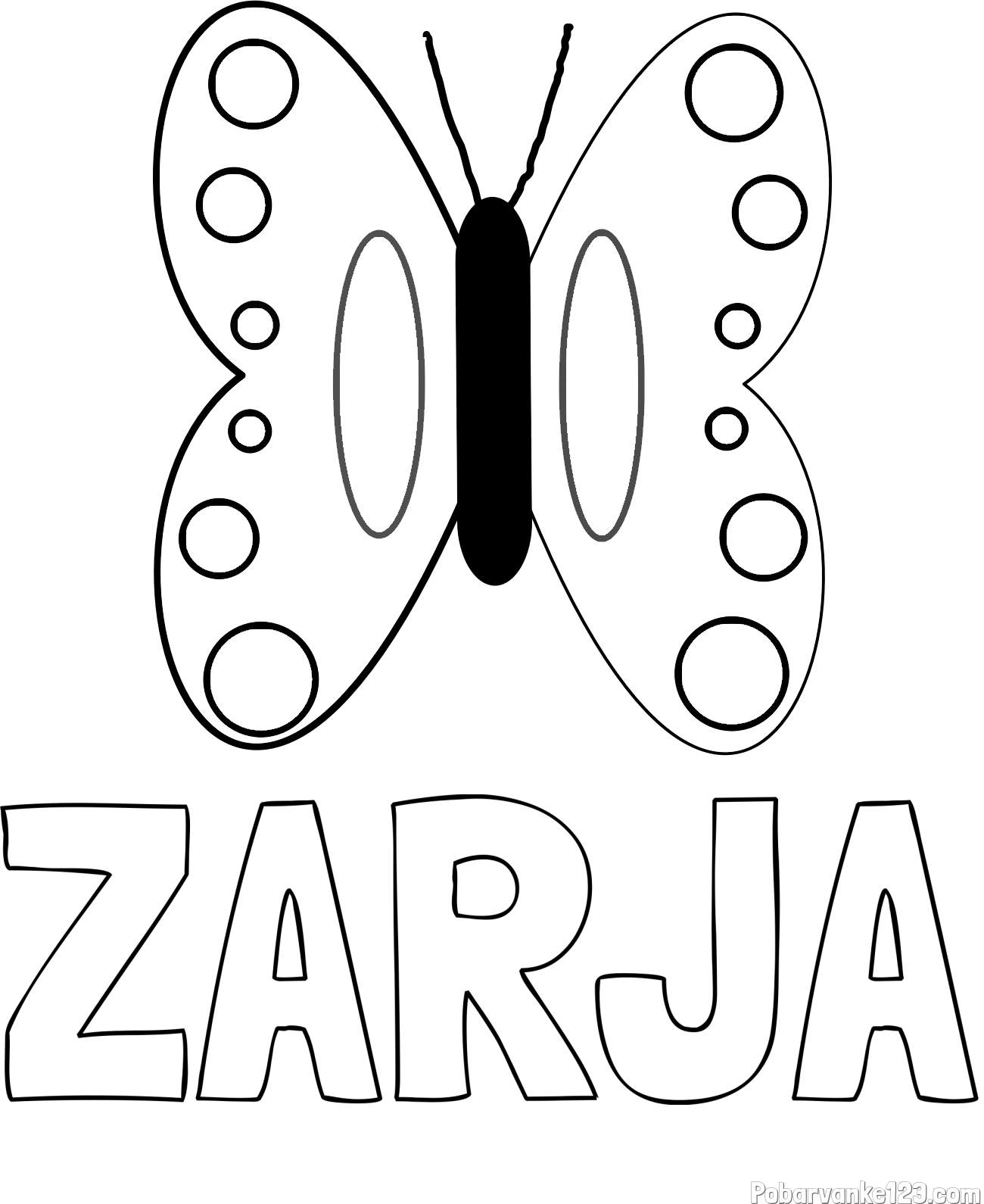 Pobarvanka imena ZARJA in preprosta otroška pobarvanka metuljčka
