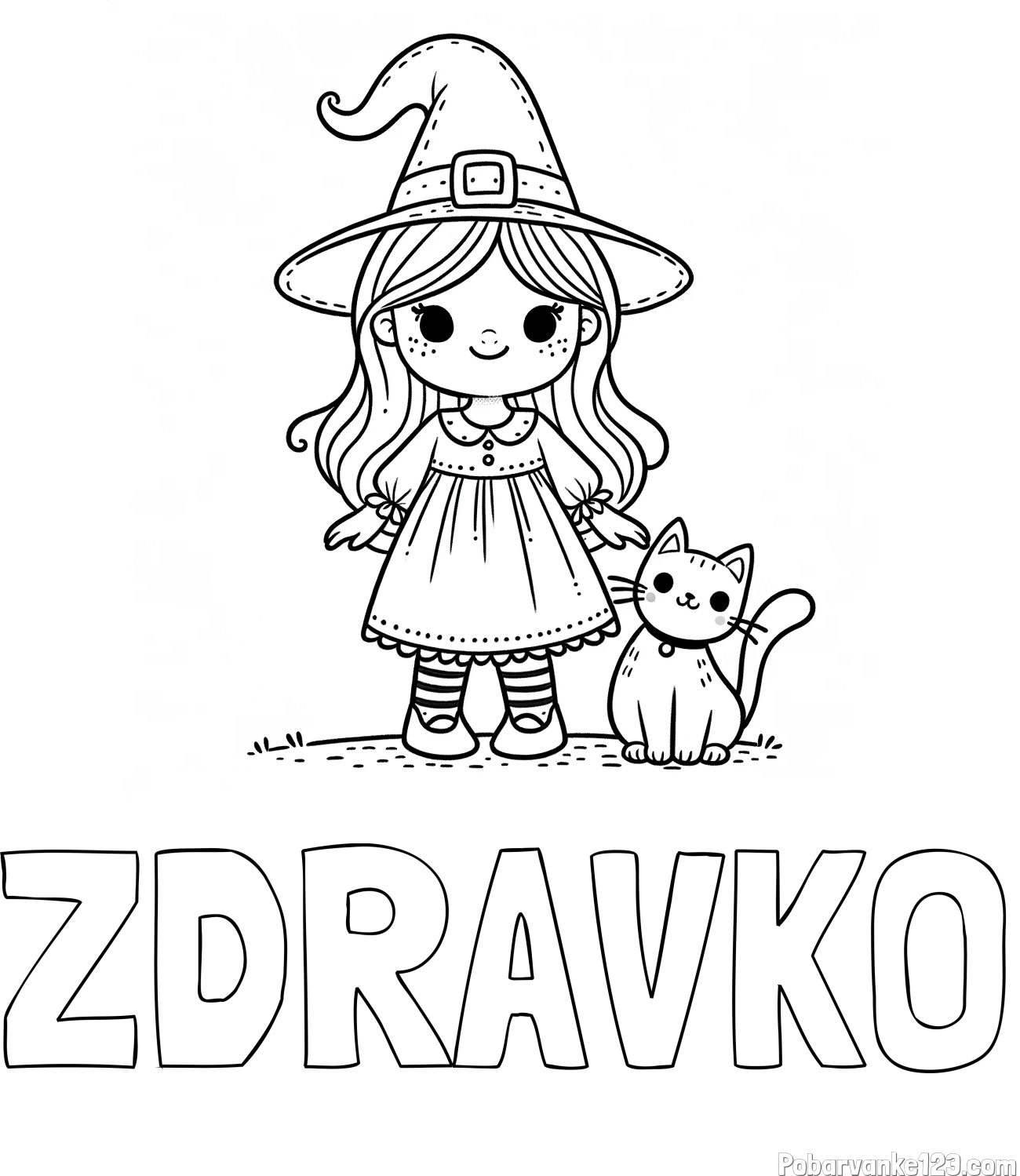 Pobarvanka imena ZDRAVKO in Čudovita pobarvanka ljubke čarovnice in nasmejane mačke