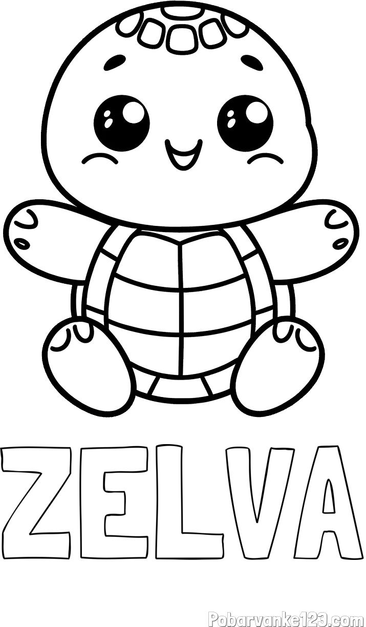 Pobarvanka imena ŽELVA in otroška pobarvanka ljubke in nasmejane želvice
