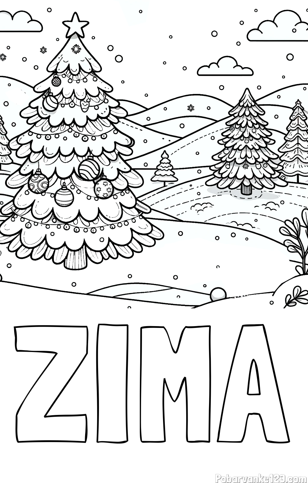 Pobarvanka imena ZIMA in pobarvanka božične smrečice v naravi