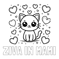 Online izdelana pobarvanka - Pobarvanka imena ŽIVA IN MAMI in pobarvanka ljubke mucke obdane z veliko srčki