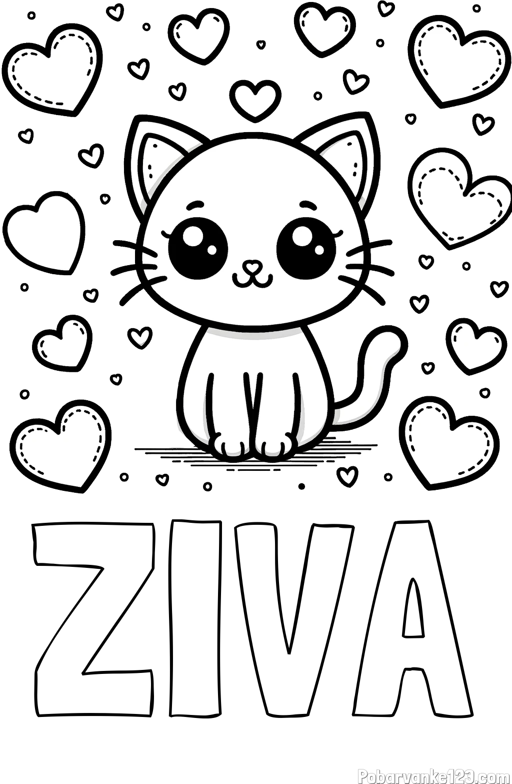 Pobarvanka imena ŽIVA in pobarvanka ljubke mucke obdane z veliko srčki