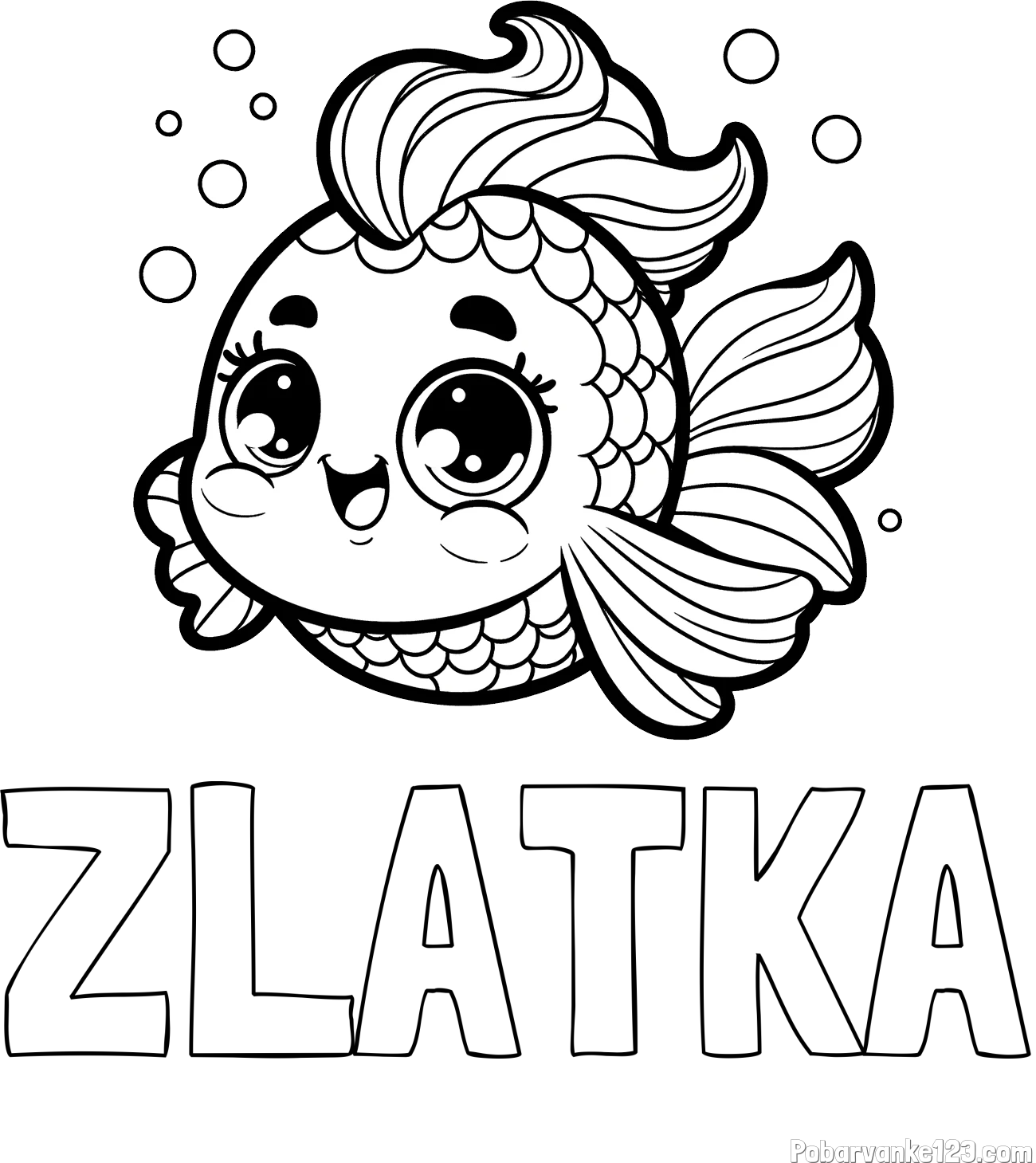 Pobarvanka imena ZLATKA in pobarvanka ljubke pravljične ribe