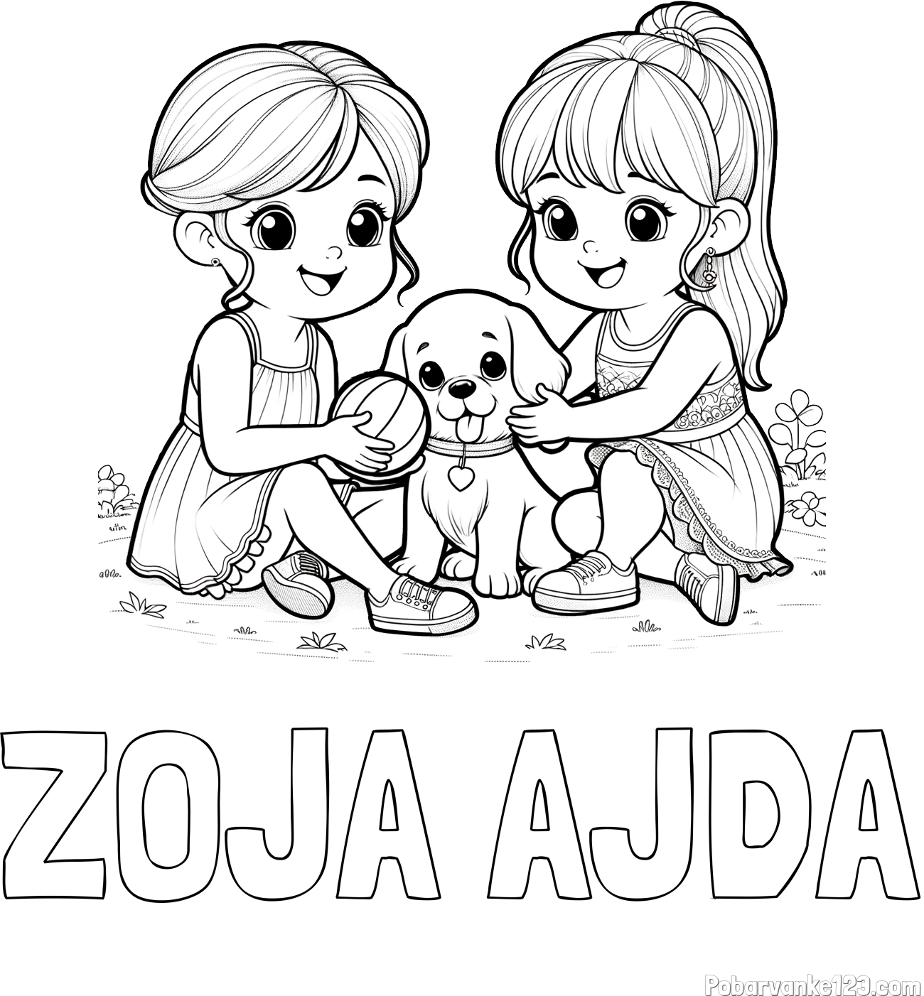 Pobarvanka imena ZOJA AJDA in pobarvanka prijateljic s kužkom