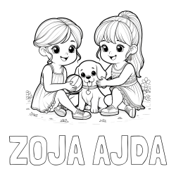 Online izdelana pobarvanka - Pobarvanka imena ZOJA AJDA in pobarvanka prijateljic s kužkom