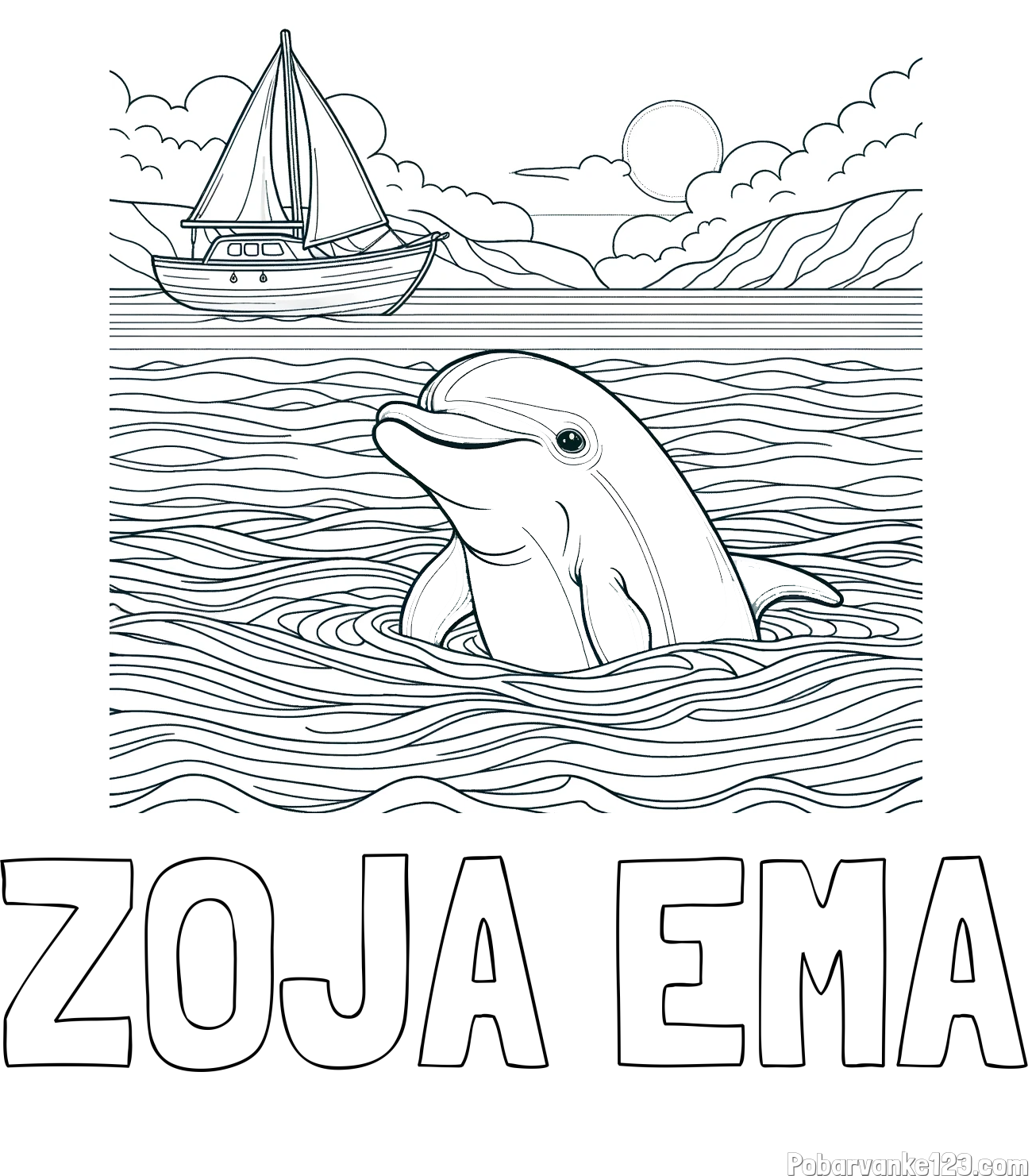 Pobarvanka imena ZOJA EMA in pobarvanka delfina v morju ter jadrnice
