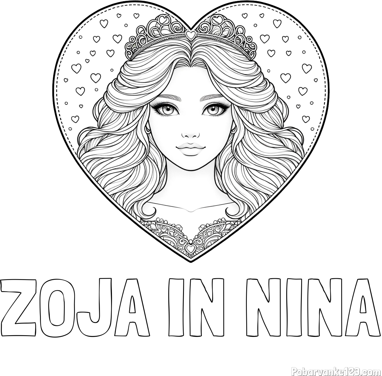 Pobarvanka imena ZOJA IN NINA in pobarvanka ljubke princese v srčku