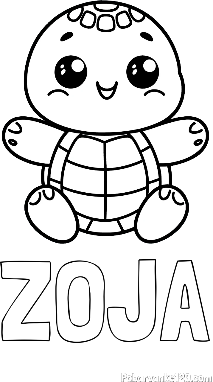 Pobarvanka imena ZOJA in otroška pobarvanka ljubke in nasmejane želvice