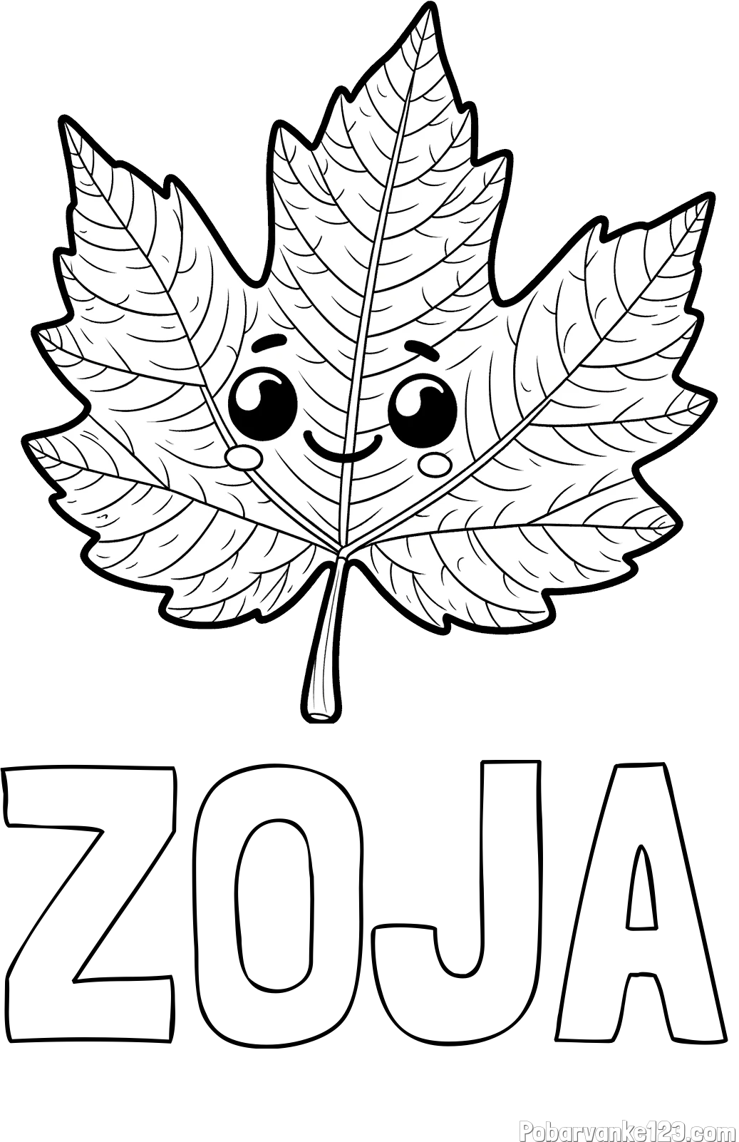 Pobarvanka imena ZOJA in otroška pobarvanka nasmejanega lista