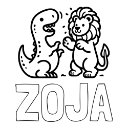 Pobarvanka imena ZOJA in pobarvanka dinozavra, ki napada leva