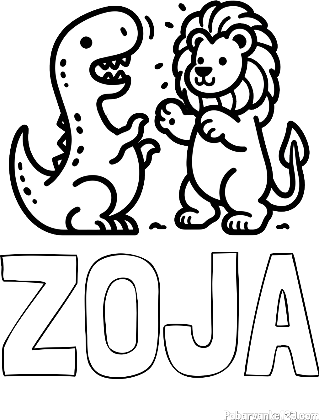 Pobarvanka imena ZOJA in pobarvanka dinozavra, ki napada leva