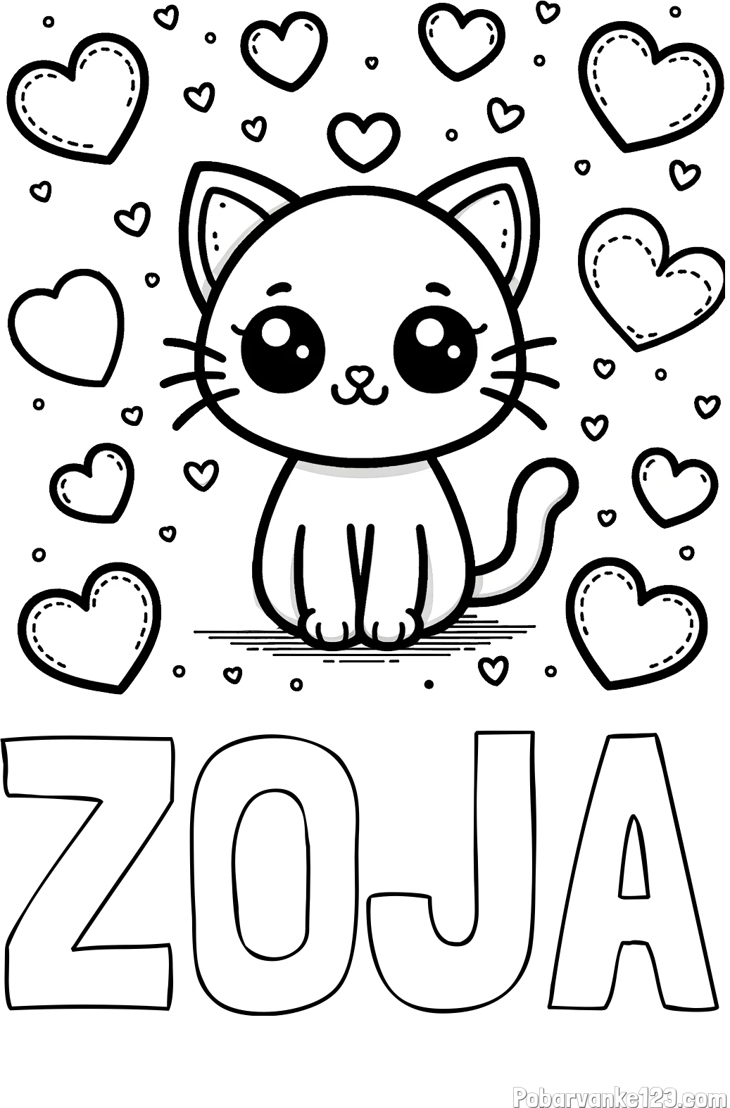 Pobarvanka imena ZOJA in pobarvanka ljubke mucke obdane z veliko srčki