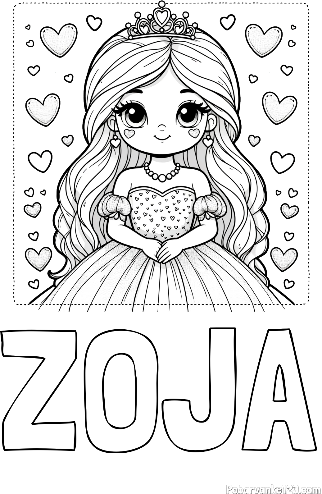 Pobarvanka imena ZOJA in pobarvanka ljubke princese obdane s srčki