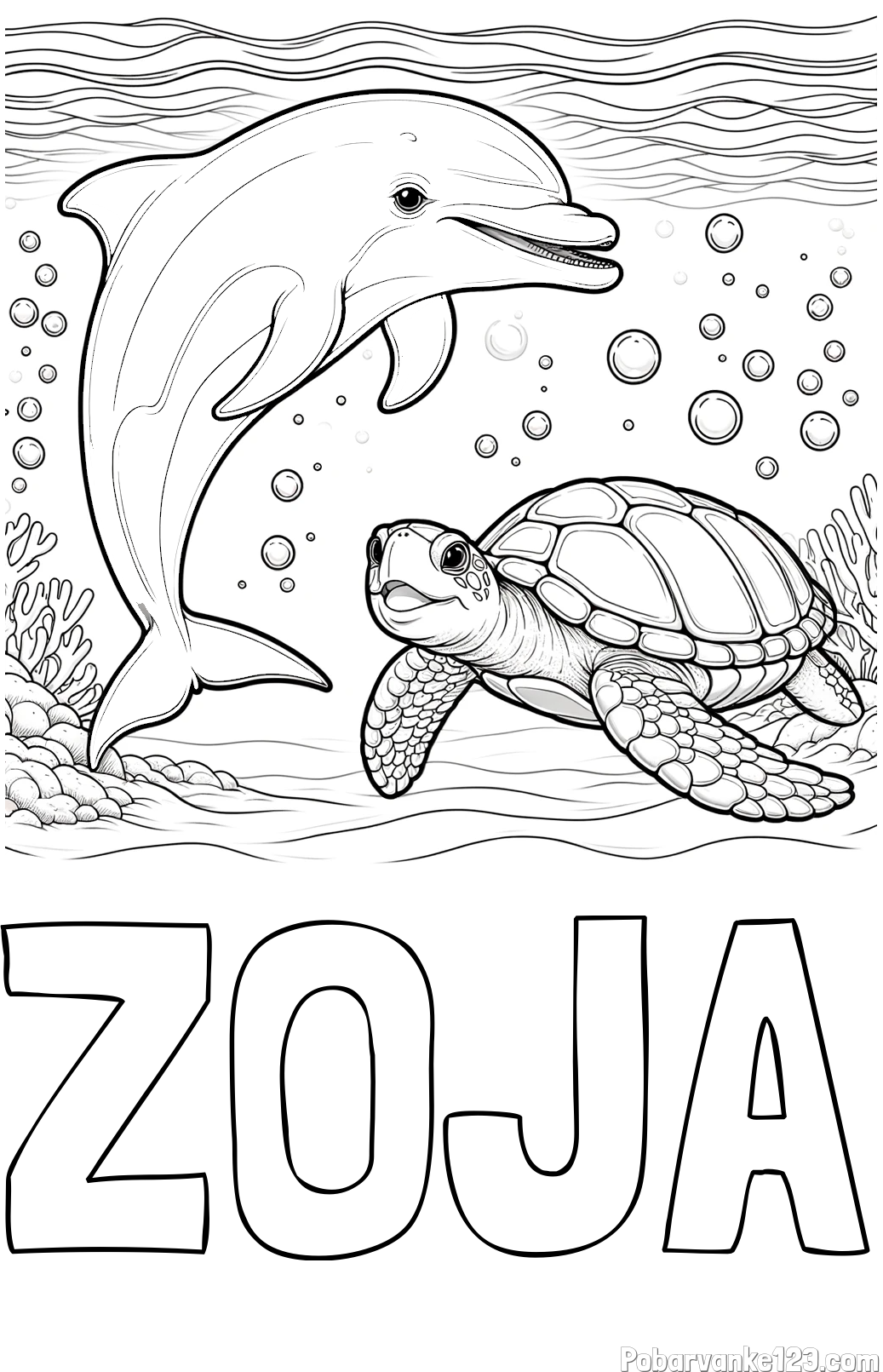 Pobarvanka imena ZOJA in pobarvanka ljubkega delfina in njegove prijateljice želve