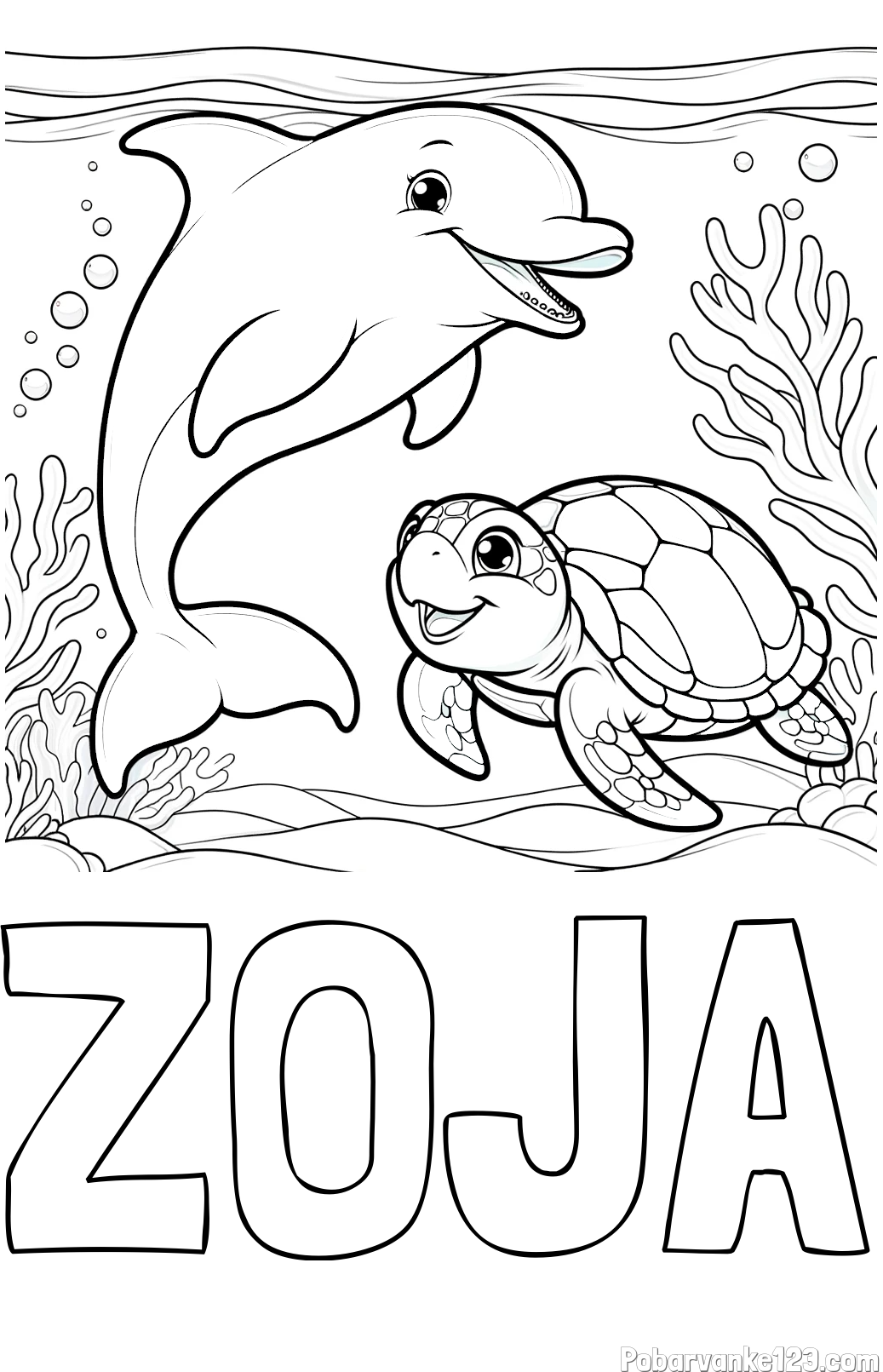 Pobarvanka imena ZOJA in pobarvanka ljubkega delfina z želvo v morju