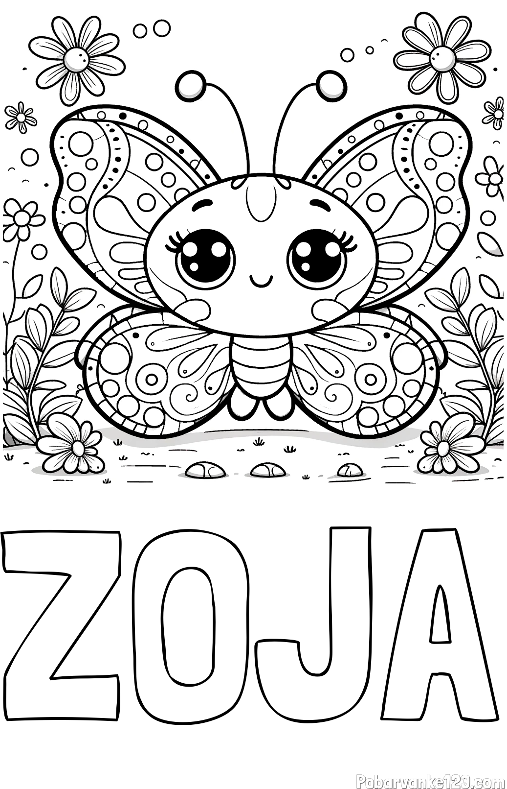Pobarvanka imena ZOJA in pobarvanka ljubkega metuljčka