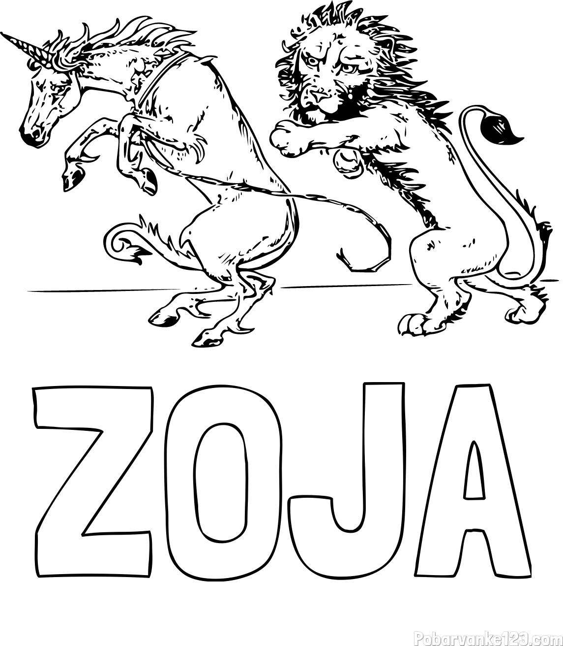 Pobarvanka imena ZOJA in pobarvanka samoroga in leva