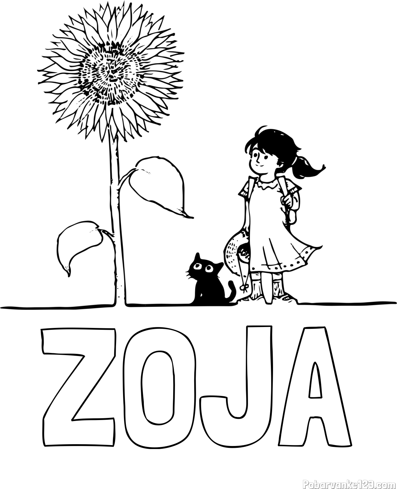 Pobarvanka imena ZOJA in pobarvanka velike sončnice, deklice in ljubkega mačka
