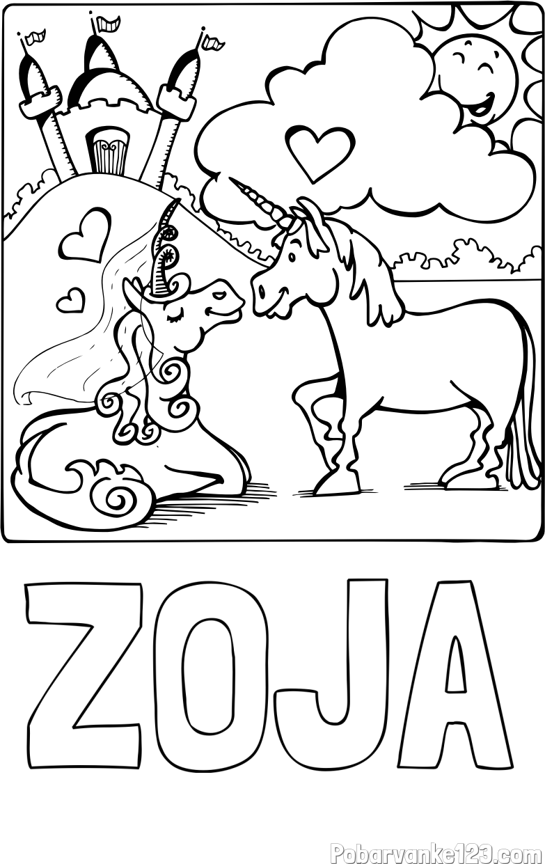 Pobarvanka imena ZOJA in pobarvanka zaljubljenih samorogov