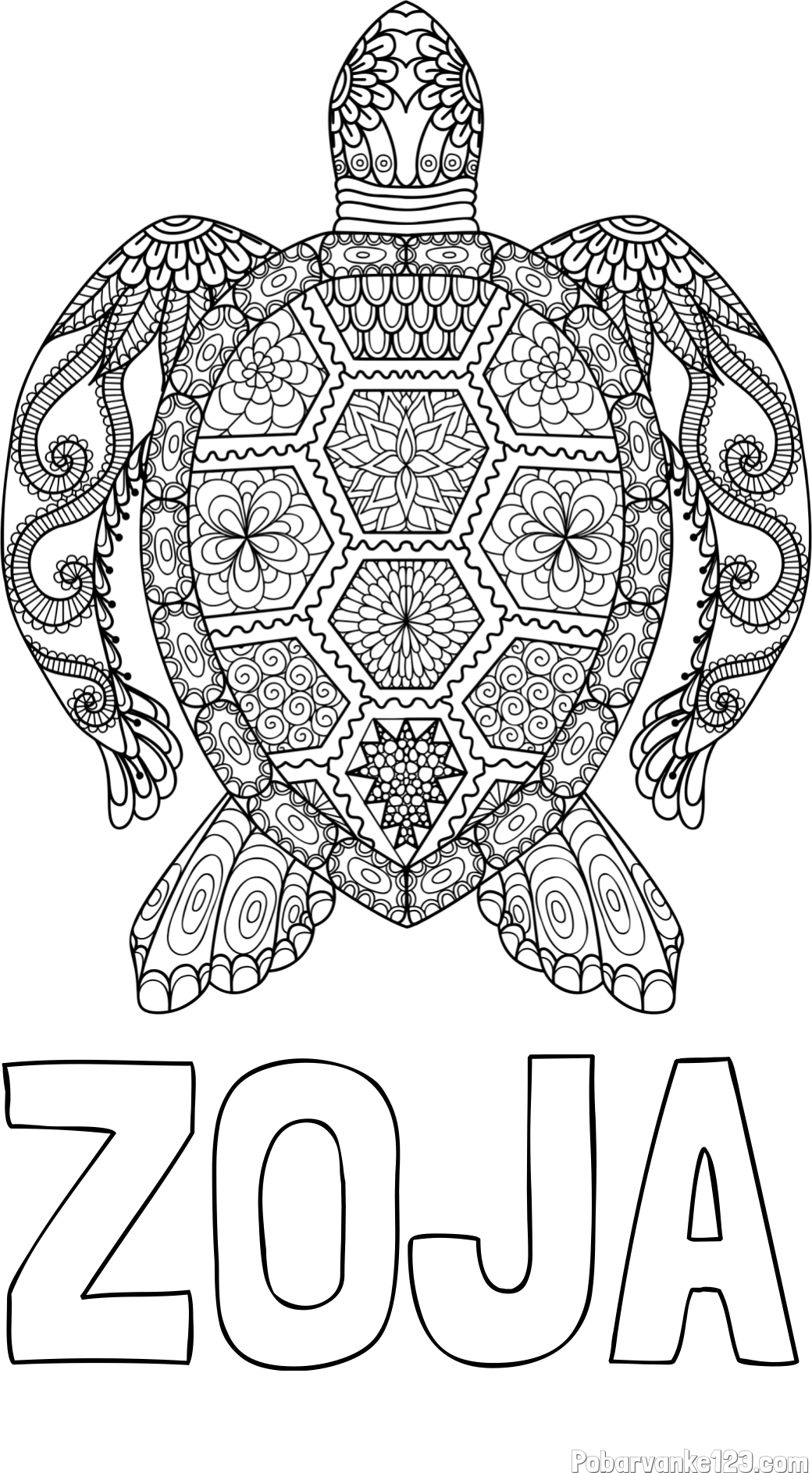 Pobarvanka imena ZOJA in pobarvanka želve - mandale