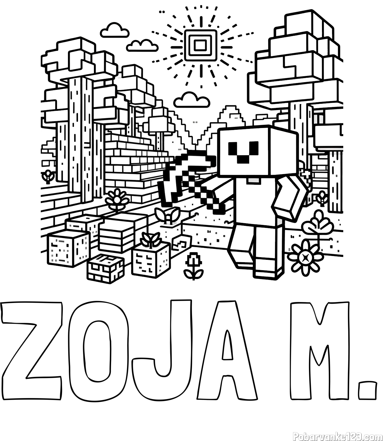 Pobarvanka imena ZOJA M. in pobarvanka Minecraft sveta
