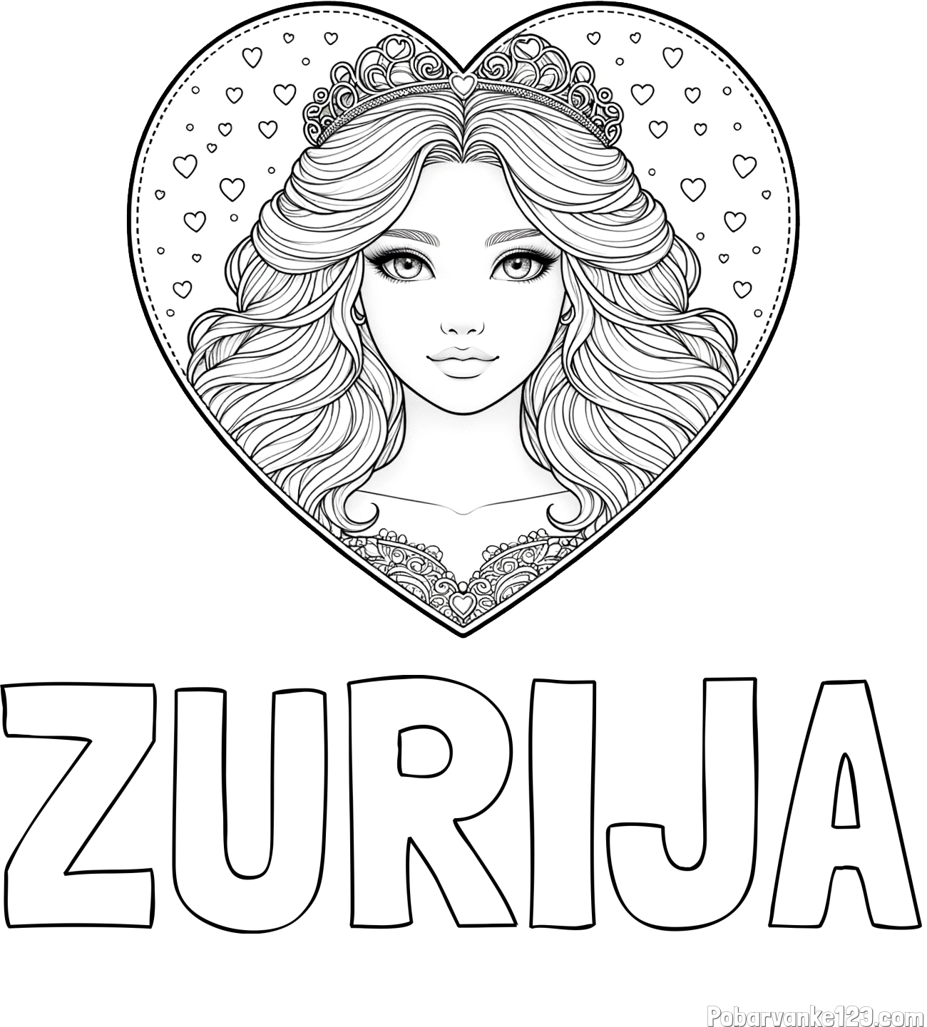 Pobarvanka imena ZURIJA in pobarvanka ljubke princese v srčku