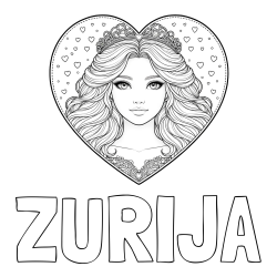 Online izdelana pobarvanka - Pobarvanka imena ZURIJA in pobarvanka ljubke princese v srčku