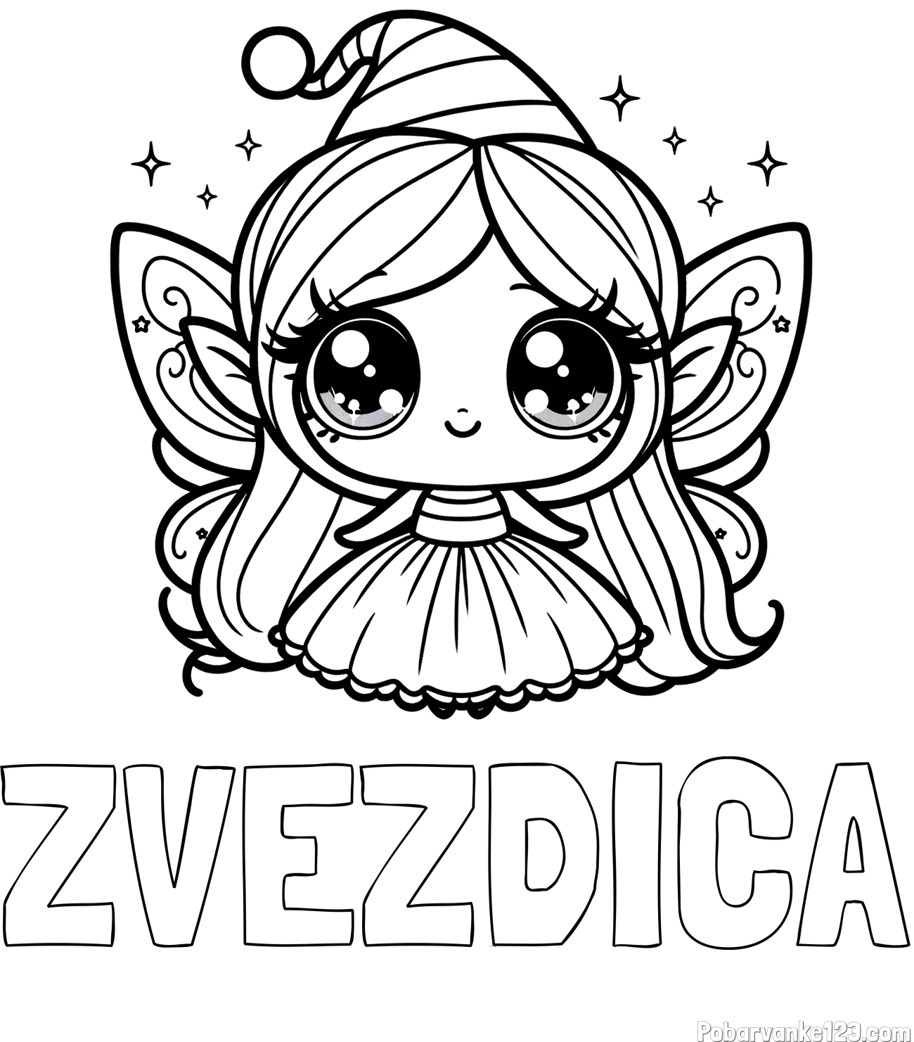 Pobarvanka imena ZVEZDICA in pobarvanka ljubke čarobne vile z velikimi očmi