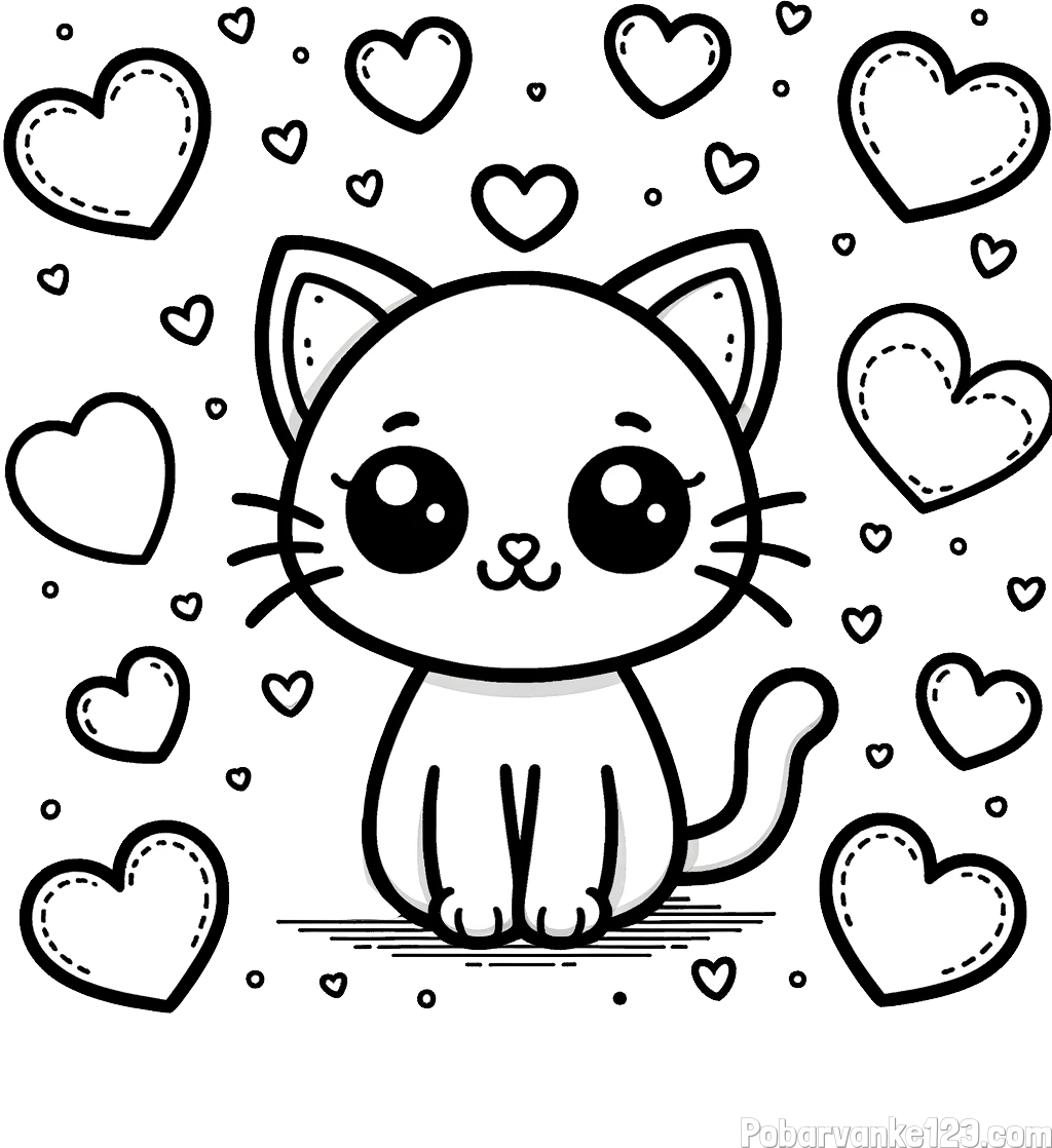 Pobarvanka ljubke mucke obdane z veliko srčki