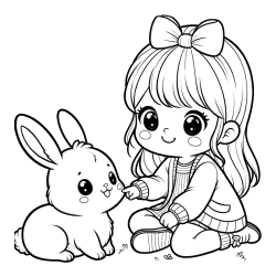 Pobarvanka ljubke punčke, ki se igra z zajčkom