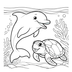 Pobarvanka ljubkega delfina z želvo v morju