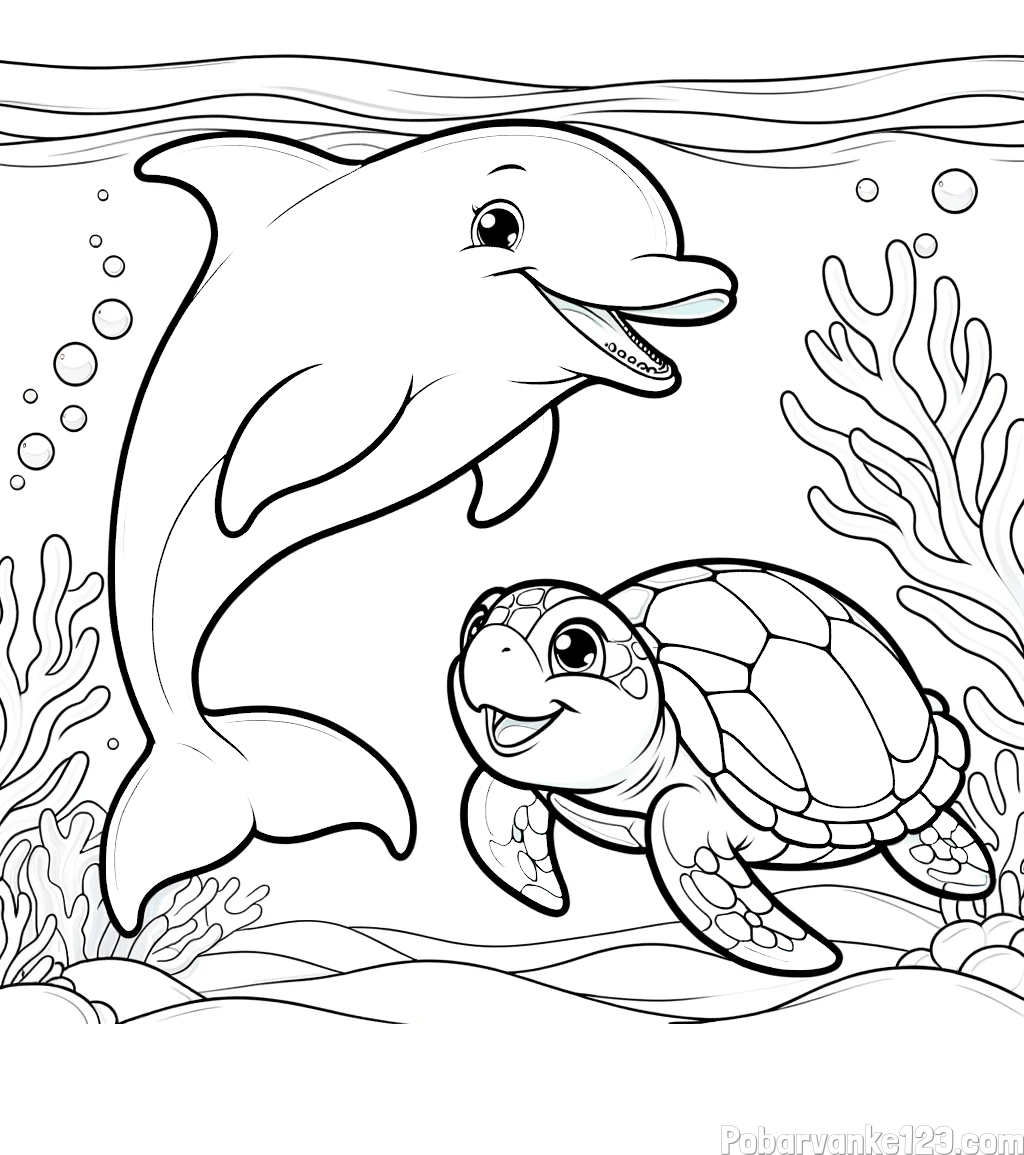 Pobarvanka ljubkega delfina z želvo v morju