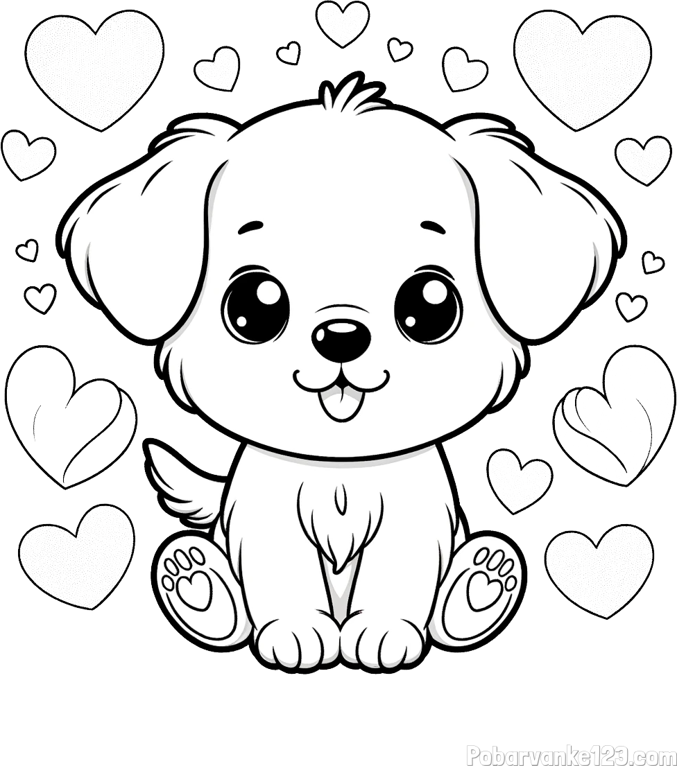 Pobarvanka ljubkega kužka obdanega s srčki